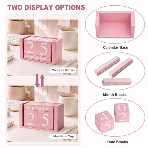 MICKYU Pink Wooden Perpetual Block Calendar | Aesthetic Desk Accessories for Women, Office Decor for Workspace, 3.7 x 2.1 x 1.7 in thumbnail 7