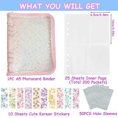 Lora Rossie Kpop Photocard Binder with 6 Stickers Sheet & 50 Shinning Protective Card Sleeves Kpop Photocard Holder Book, A5 Binder Photocard Album 25 Inner Pages with 200 Pockets 6 Ring (Pink) thumbnail 3