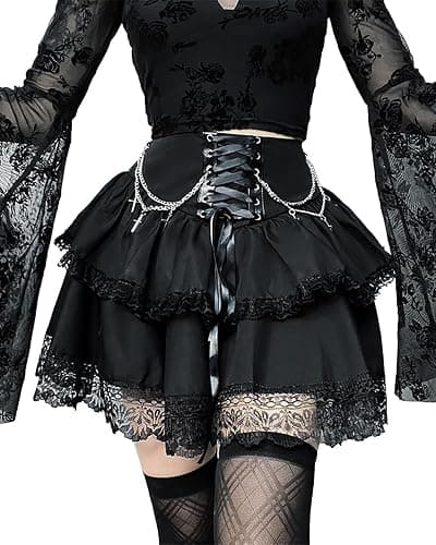 ZUNQKG Womens Mini Gothic Skirt Tie Waist Lace Up Double Layered Ruffles Y2k Skirt Set with Chain thumbnail 2
