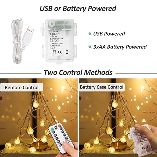 Zorela Globe Fairy Lights, 15M/49ft 100 LED Globe String Lights with Remote - USB or Battery Powered - 8 Modes - Outdoor Indoor String Fairy Lights for Christmas, Balcony, Gazebo, Garden, Camping thumbnail 6