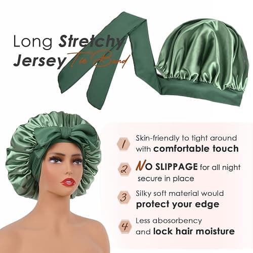 YANIBEST Silk Bonnet for Sleeping Women Satin Bonnet Double Layer Satin Lined Hair Bonnet with Tie Band Curly Hair - Large - Sage thumbnail 4