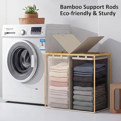 efluky Laundry Hamper with Lid, Double Laundry Basket with 2 Removable Bags, 2 Section Laundry Bin with Bamboo Handles for Bathroom, Bedroom & Laundry Room, 140L (36.9 Gallon) Beige thumbnail 5