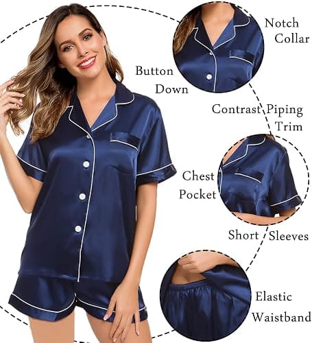 LecGee Womens Silk Satin Pajamas Short Sleeve Loungewear Two-Piece Sleepwear Button-Down Pj Set thumbnail 5