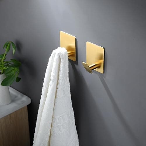 DELITON 8 Pack Gold Wall Hooks - Adhesive Towel Hooks for Bathrooms Kitchen Livingroom Garage, Heavy Duty Hooks for Walls No Damage Command Hooks for Coat Robe Waterproof Stainless Steel - Gold-8 thumbnail 4