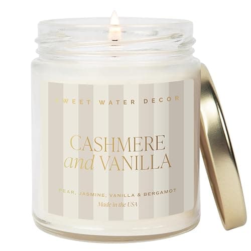 Sweet Water Decor Cashmere and Vanilla Patterned Candle – Soy Candles with Coconut, Bourbon Vanilla, Cashmere, Sandalwood, Musk – 40 Hour Burn – 9oz Clear Glass Jar – Luxury Spring Candle - Image 1