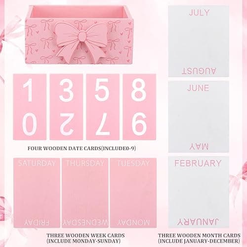 AceOrbit Pink Bow Wood Block Perpetual Calendar Coquettish Desk Decor Cute Month Week Date Display Decorative Block Calendar for Women Office Home Desk Gift for Women thumbnail 3