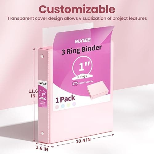 SUNEE Binder 3 Ring 1 Inch 1 Pack, Clear View 1" Binder Three Ring PVC-Free (Fit 8.5x11 Inches) for School or Office Supplies, Pink thumbnail 2