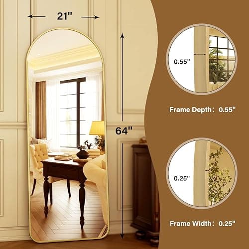 HARRITPURE 64"x21" Arched Full Length Mirror Floor Mirrors with Aluminum Alloy Frame Free-Standing Wall Mounted or Leaning Large Bedroom Dressing Mirror Modern & Contemporary Decor for Home,Gold thumbnail 2