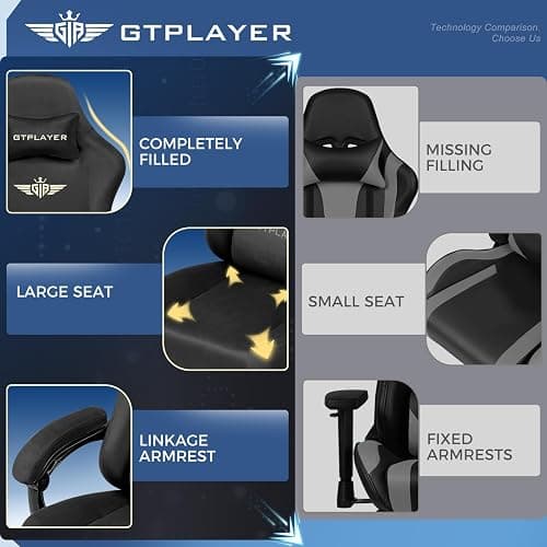 GTPLAYER Gaming Chair Fabric with Pocket Spring Cushion, Big and Tall Gamings Chairs 350LBS High Back Computer Chair with Footrest for Adults Lumbar Support Swivel Game Chair for Office Light Black thumbnail 9
