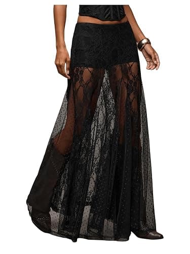 MakeMeChic Women's Lace Sheer Maxi Skirts Floral Split Thigh A Line Ruffle Boho Goth Long Skirts - Image 1