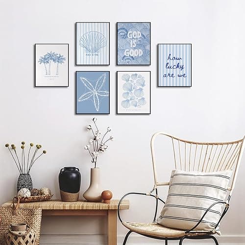 Kabcod 6Pcs Blue Coastal Wall Art,Beach Preppy Poster,Coastal Granddaughter Canvas Prints,Aesthetic Beachy Picture,Coast Ocean Shell Artwork,for Girls Girly Dorm Home Decor 8x10x6 Inch Unframed thumbnail 5