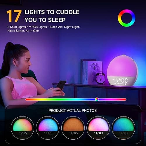 Geuuap Sunrise Alarm Clock White Noise Sound Machine for Bedroom | Natural Wake-Up Light with 30 Soothing Sleep Aids, Bluetooth Speaker, Dimmable Clock, Screen-Free Design for Baby Adults Kids-White thumbnail 7