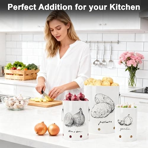 EQEY Kitchen Potato and Onion Storage Bin,Metal Vegetable Storage Bins Set of 3 with Aerating Holes and Lids,Farmhouse Canisters Sets for the Kitchen Countertop (1, Circular) thumbnail 2