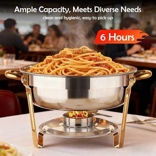 ALSO GO Round Chafing Dishes for Buffet 4 Pack, 6QT Chafing Dishes Buffet Set Gold, Catering Food Warmer for Parties Buffet with Full Size Chafing Pans, Stainless Steel Warming Trays for Thanksgiving thumbnail 6