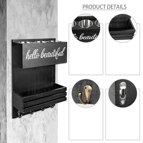 Cokritsm Wooden Hair Dryer Holder Wall-Mounted - 2 Tier Bathroom Storage Shelf Cosmetic & Hairdressing Tools Organizer for Bathroom Countertop/Vanity (Black) thumbnail 5