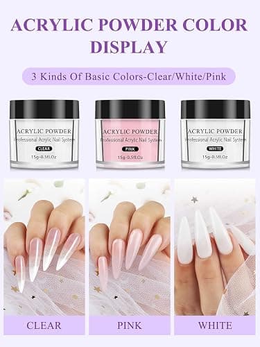 Yokilly Acrylic Nail Kit for Beginners: Acrylic Powder Set 3 Colors Pink White Clear Nail Powder - Nail Set with 100PCS Nail Tips Nail Art Brush Nails Extension Starter Kits for Home Salon thumbnail 2