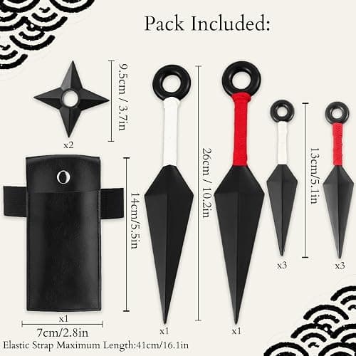 OOHGLITZ 11-Piece Anime Ninja Cosplay Kit, Ninja Kunai (10.2"+5.1"), Shuriken Ninja Stars (3.5") Set with Pouch for Anime Fans, Ninja& Martial Arts Props Black thumbnail 2