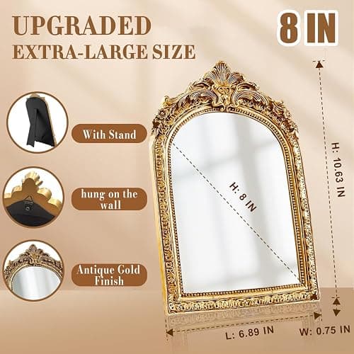 YUSONG Vintage Makeup Mirror for Tabletop - 8" Antique Gold Arched Desk Mirrors with Resin Frame Vanity Table Mirror for Bedroom Living Room Retro Decor thumbnail 3