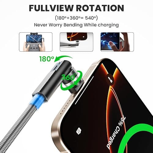 90 Degree iPhone Charger Swivel Head Cable - 6.6FT Rotating Lightning Charging Cable Nylon Braided 180 & 360 Degree Right Angle Swivel Lightning Cord with Fast Charging, Data Sync, CarPlay for iPhone thumbnail 2