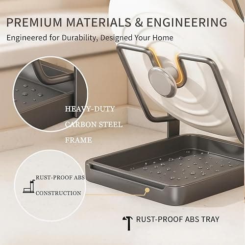 Kitchen Pot Lid Storage Rack, Multifunctional Countertop Pot Lid Organizer | Holder, Lid Holder While Cooking, Lid And Spoon Rest For Stove Top (Grey, Double layer) thumbnail 6