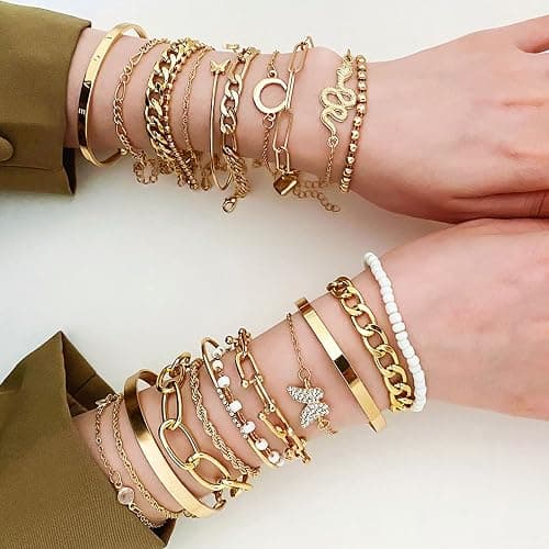 17IF 24-25 Pcs (6 Pack) 14K Gold Ankle Bracelets Set for Women Boho Stackable Bangles Cuff Charm Chunky Wrist Jewelry thumbnail 4