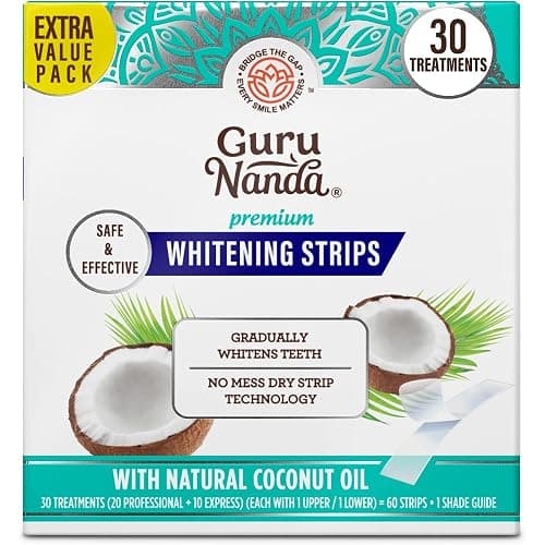 GuruNanda Teeth Whitening Strips - 4X Whiter Teeth, 30-Day Whitening Kit | Non-Slip 4 Layer Dry Strip Technology|With Coconut Oil|Promotes Brighter Smile|Gentle on Enamel|Easy to Apply Teeth Whitener - Image 1