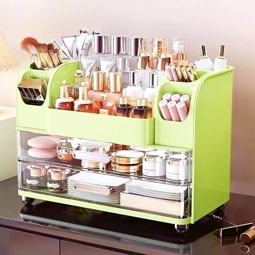 Makeup Organizer with Drawers for Vanity,Bathroom Countertop Organizer with Brushes Holder,Skincare Storage Organizer,Perfect Cosmetic Display Case for Skincare,Lipstick and Beauty Essential (Green) thumbnail 7
