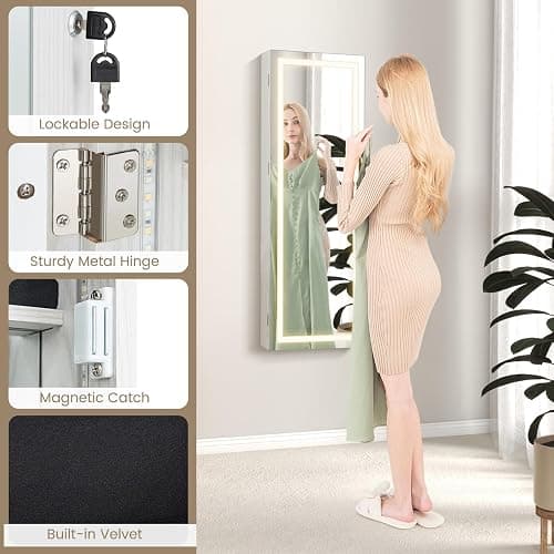 CHARMAID LED Mirror Jewelry Cabinet, Lockable Jewelry Armoire with Adjustable Lighted Full Length Mirror, 3 Lighting Sets, Wall Mounted Door Hanging Jewelry Storage Organizer (Grayish White, 42.5''H) thumbnail 8