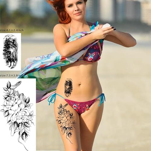 82 Sheets 3D Flowers Temporary Tattoos for Women Adult, Including 12 Sheets Large Fake Tattoos That Look Real and Last Long, Waterproof Rose Moon Butterfly Tiger Snake and Flowers Tattoos thumbnail 4