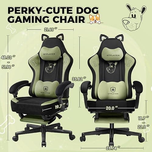 GTPLAYER Gaming Chair Cute with Cat Ears Ergonomic Computer Chair with Dog Embroidery Adjustable Memory Foam Lumbar Support and Headrest Comfortable Reclining Office Chair Soft Velvet Fabric for Women thumbnail 2