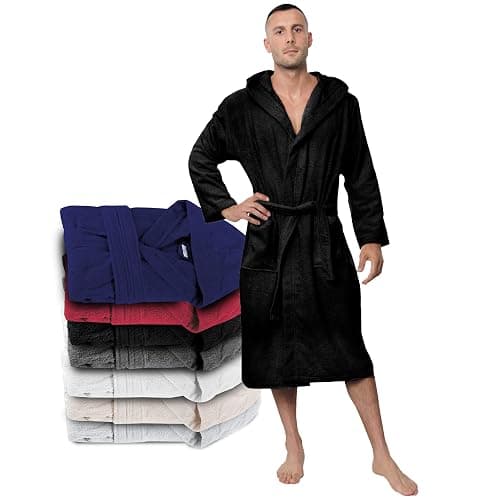 Twinzen Peignoir de Bain Homme - 100% Coton avec Capuche - Certifié Oeko-TEX® - Robe de Chambre Eponge 2 Poches, Ceinture - Doux, Absorbant et Confort - Image 1
