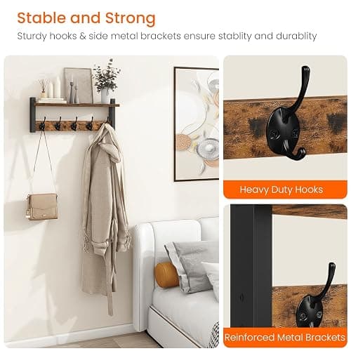 Homode Wall Hooks with Shelf, Wood Coat Rack with Shelf Wall-Mounted, Entryway Hanging Shelves with 5 Metal Hooks for Clothes Hats Towel Purse Robes, Bathroom Mudroom Bedroom, Rustic Brown Black thumbnail 5