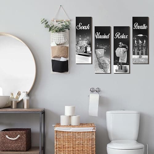 Honoson 4 Pcs Silver and Black Bathroom Decor Bathroom Picture Wall Art | Wooden, 11.8 x 3.9 Inch, Farmhouse Hanging Sign with Soak Unwind Relax Breathe, Wall Decor for Spa Laundry Home thumbnail 2
