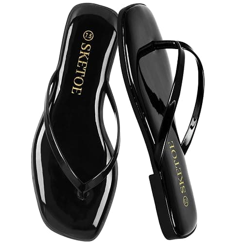 SKETOE Flip Flops for Women Square Toe Flat Sandals for Women Comfortable Thong Sandals Leather Flip Flops Lightweight Summer Beach Sandals Dressy Vacation Essentials Slides - Image 1