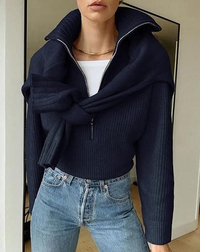 BTFBM Womens Sweaters Quarter Zip Pullover V Neck Collar Long Sleeve Ribbed Knit Loose Casual 2025 Winter Fall Sweater thumbnail 3