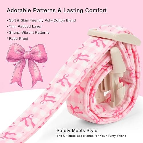 Babole Pet Girl Dog Collar for Small Dogs - Cute Pink Plaid & Bow Print Spring/Summer Puppy Collar, Soft Adjustable Holiday Female Dog Collars with Quick Release Buckle S thumbnail 3