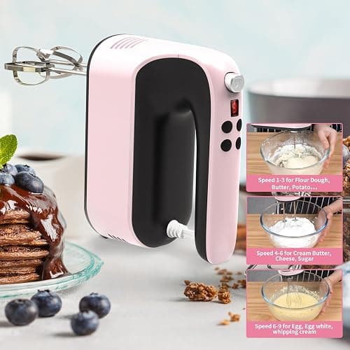 Yomelo 9-Speed Digital Hand Mixer Electric, 400W Powerful DC Motor, Hand Mixer Electric Handheld with Snap-On Storage Case, 5 Stainless Steel Accessories, Beaters, Dough Hooks, Whisk(Pink/Black) thumbnail 7