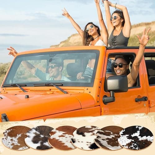 Sieral 6 Pcs Western Cow Print Car Coasters for Cup Holders, 2.56 Inch Absorbent Cork with Finger Notch, Brown Cow Print for Cars & Trucks, Western Car Accessories for Women Men thumbnail 2