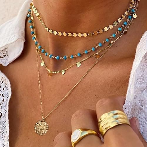 Taichell Gold Layered Turquoise Necklace for Women Multi Boho Long Necklace Bohemian Coin Pendant Necklaces Jewelry thumbnail 2