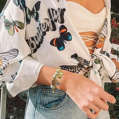 Madison Tyler Charm Bracelet Gold Bracelets for Women Gifts | LOVE Heart Hollow Flower Bow Pink Green Square Gemstone Beaded Charm Bracelet Cute Adjustable Bracelet Jewelry thumbnail 2