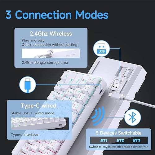 DIERYA DK63 60% Wireless Mechanical Gaming Keyboard | Bluetooth/2.4G/Wired | RGB Backlit | Anti-Ghosting Compact 63-Keys Mini Keyboard | with Red Switch | for Windows Laptop PC Gamer Typist-White thumbnail 4