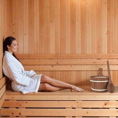 BNEHS Sauna Bucket and Ladle, Sauna Accessories Made of Hand-Made Red Cedar, Wooden Sauna Set with Plastic Lining and Handle thumbnail 2