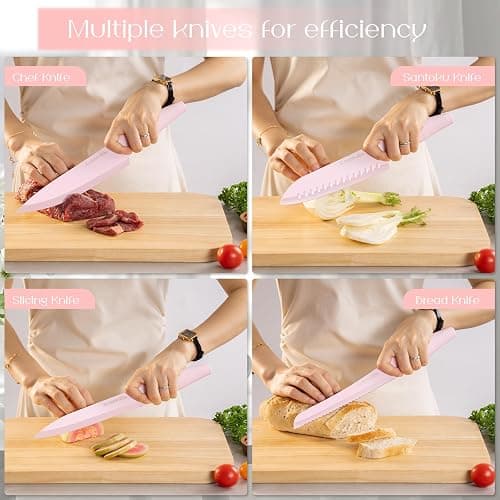 Astercook Knife Set with Block and Sharpener, 22 Piece Kitchen Knife Set Dishwasher Safe, Space-Saving Clear Knife Block with Knives for Everyday Home Cooking Pink thumbnail 4