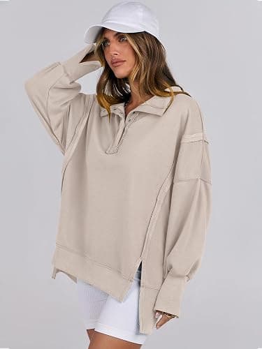 ANRABESS Women's Sweatshirts Oversized Casual Loose Button Up Henley Pullover Top High Low Split 2025 Fall Fashion Outfits thumbnail 4