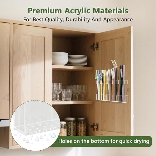 Malldii 9.5" Large Acrylic Straw Holder for Cabinet Door - Reusable Tumbler Straw Organizer Storage, Small Kitchen Accessories Container, Ultra Sticky Cupboard Door Mounted (Transparent) thumbnail 2
