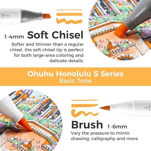 Ohuhu Alcohol Markers: Soft Chisel Red Dot Design Award Winner 48-color Brush & Soft Chisel Dual Tips Drawing Markers for Artists Beginners Adults Coloring Illustration Sketching - Honolulu S thumbnail 3