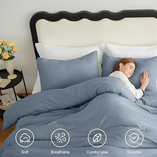 CozyLux Grayish Blue Full Size Comforter Set, 3 Pieces Dusty Blue Solid Breathable Quilted Bedding Sets, Luxury Soft Bed Set with Down Alternative Comforter All Season (1 Comforter & 2 Pillowcases) thumbnail 5