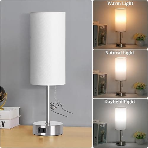 Dott Arts Table Lamp for Bedroom, 3-Color Bedside Lamps with Pull Chain | Bedroom Table Lamps for Nightstand,AC Outlet Small Lamp for Living Room, Bulb Included Nickel thumbnail 2