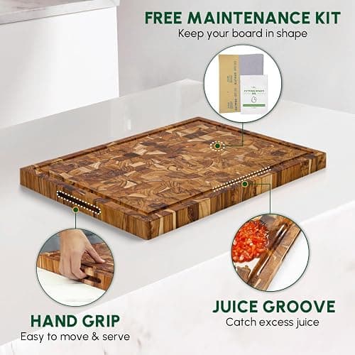 BEEFURNI Teak Wood End Grain Cutting Board (S, 16x12x1.5"), Wooden Cutting Boards for Kitchen with Juice Groove Hand Grip Small, Charcuterie Boards, Serving Board, Christmas Gifts, 1-Year Warranty thumbnail 5