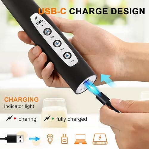 YUSWKO Black Handheld Milk Frother Wand for Coffee, Rechargeable Electric Whisk with 3 Heads 3 Speeds Drink Mixer Coffee Frother For Latte, Cappuccino, Hot Chocolate, Egg thumbnail 2